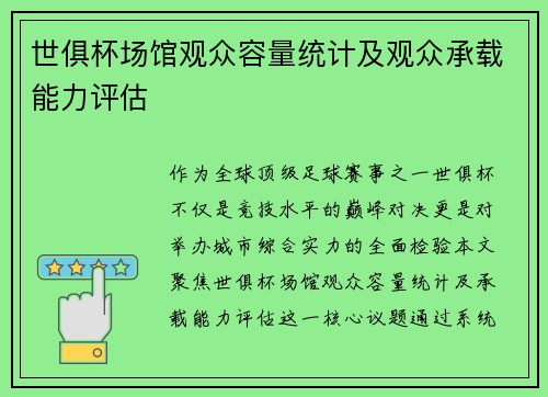 世俱杯场馆观众容量统计及观众承载能力评估
